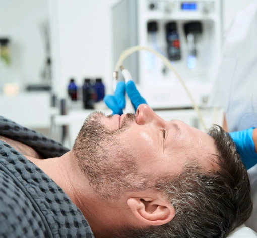 Man receiving dental treatment from gloved dentist in clinical office setting.